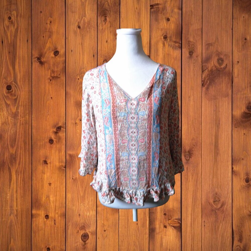 Rose & Thyme Size Small 3/4 Sleeve V-Neck Ruffle Paisley Floral Blouse NEW